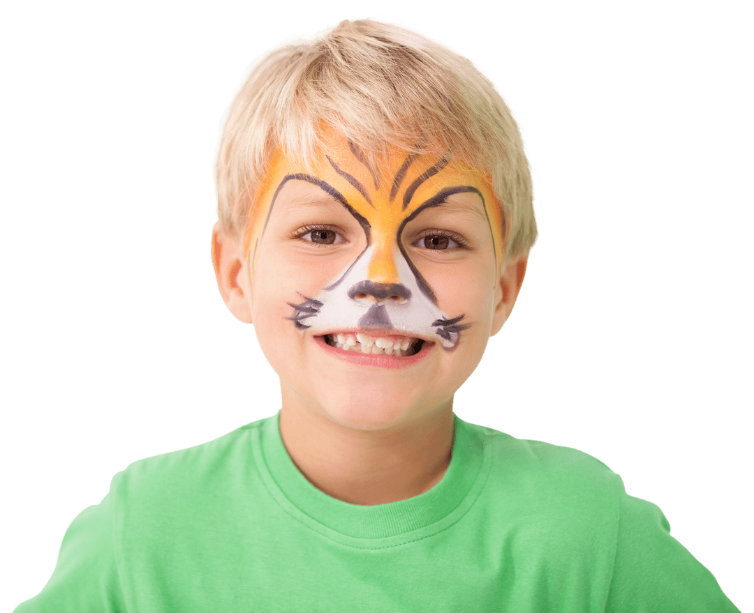 Smiling Boy with Tiger Face Paint on Transparent Background