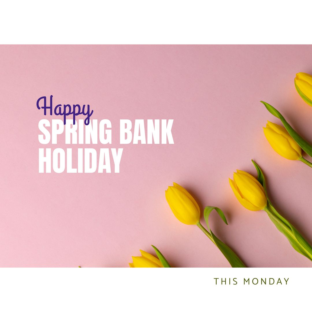 Spring Bank Holiday Greeting with Yellow Tulips on Pink Background