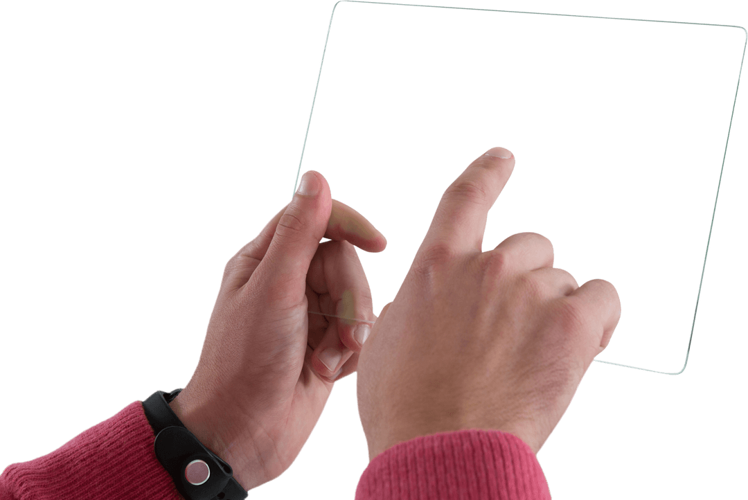 Man's Hands Interacting with Transparent Digital Tablet Concept