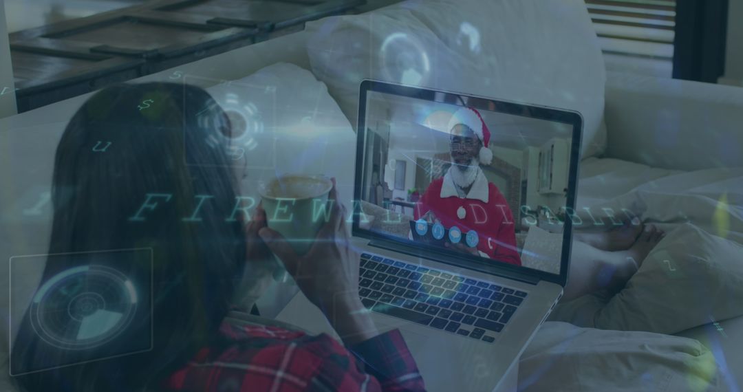 Woman Enjoying Virtual Chat with Santa Claus on Couch