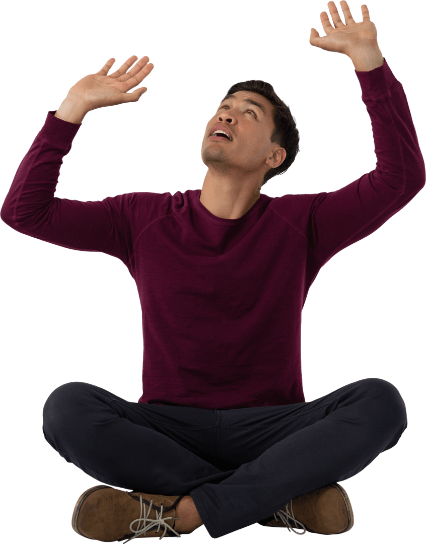 Man in Burgundy Sweater Raising Hands in Meditation Pose Transparent Background