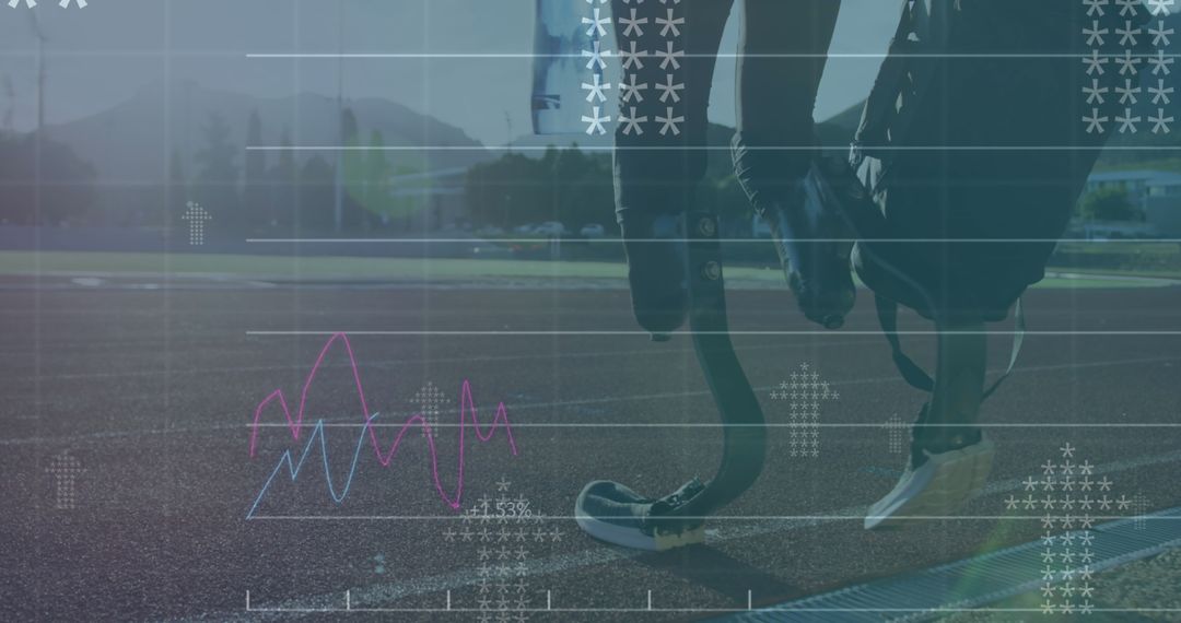 Paralympic Athlete with Running Blades on Track with Digital Graphic Overlay