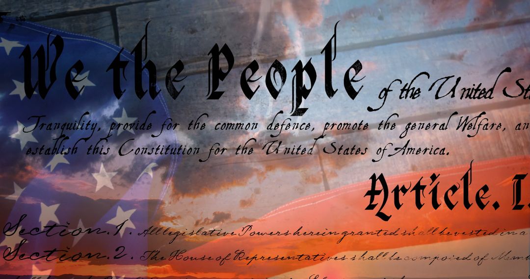 US Constitution Overlay on American Flag with Clouds at Sunset