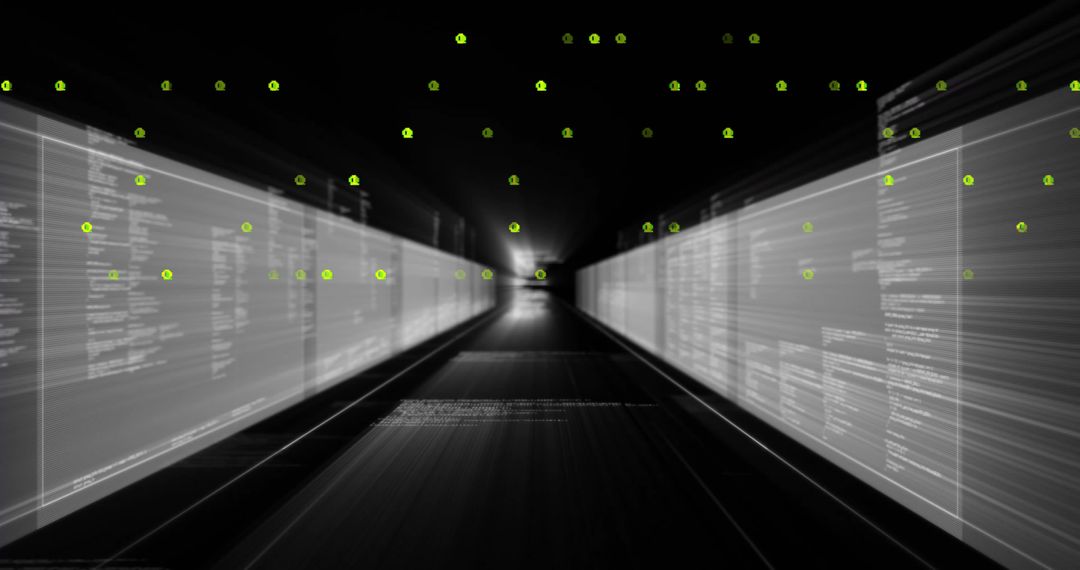 Leading digital corridor converging to bright vanishing point with streaming code panels