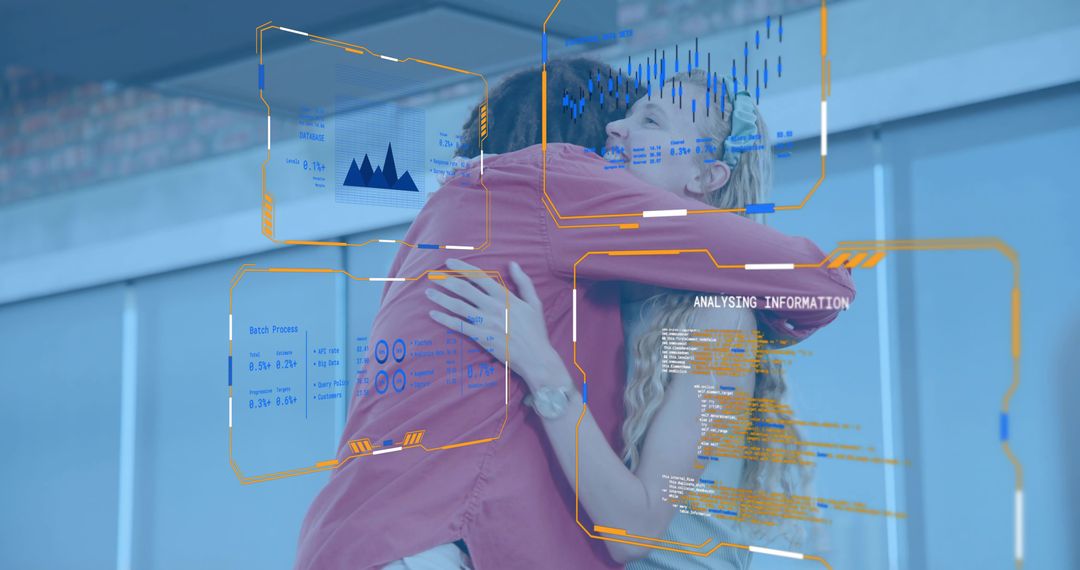 Colleagues Embracing while Displaying Holographic Data Overlays in Modern Office