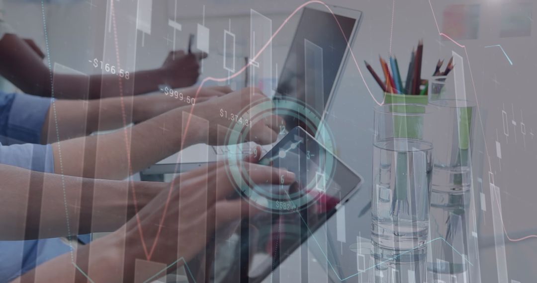 Business Professionals Analyze Data with Futuristic Interface