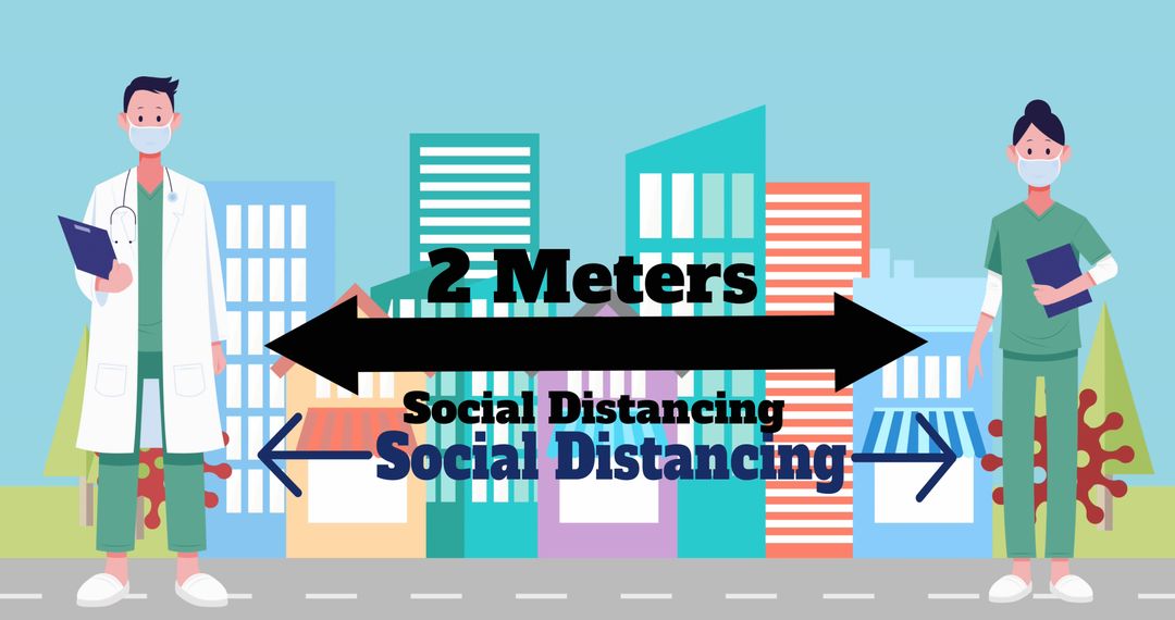 Healthcare Workers Practicing Social Distancing with Covid Symbols