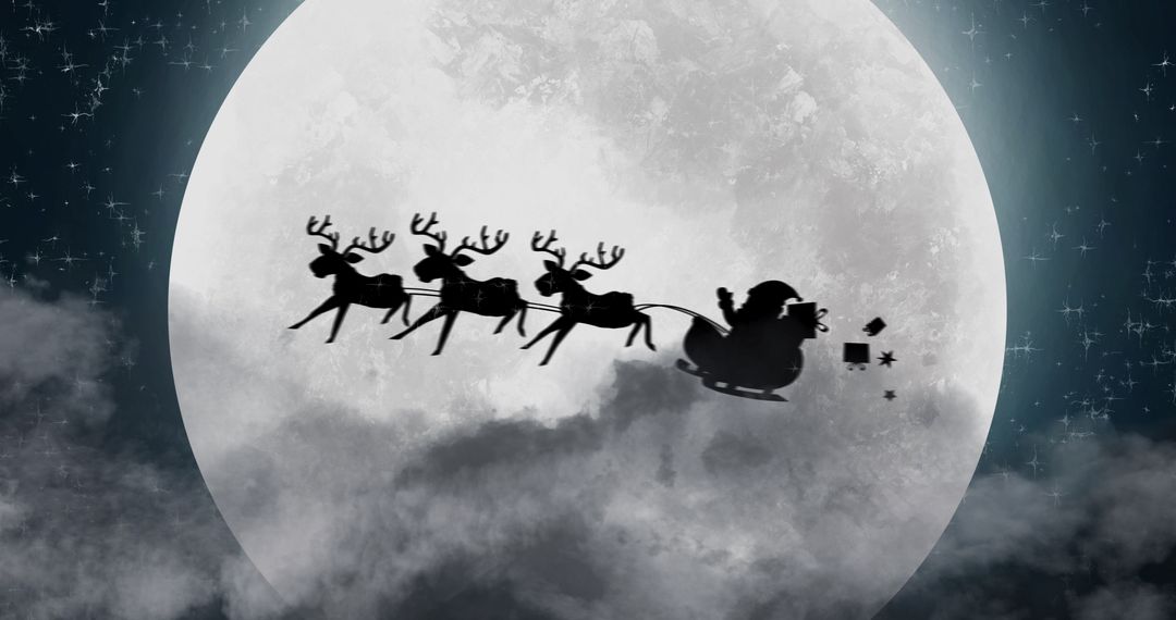 Silhouette of Santa Claus Sleigh and Reindeers Against Night Full Moon - Free Images, Stock Photos and Pictures on Pikwizard.com