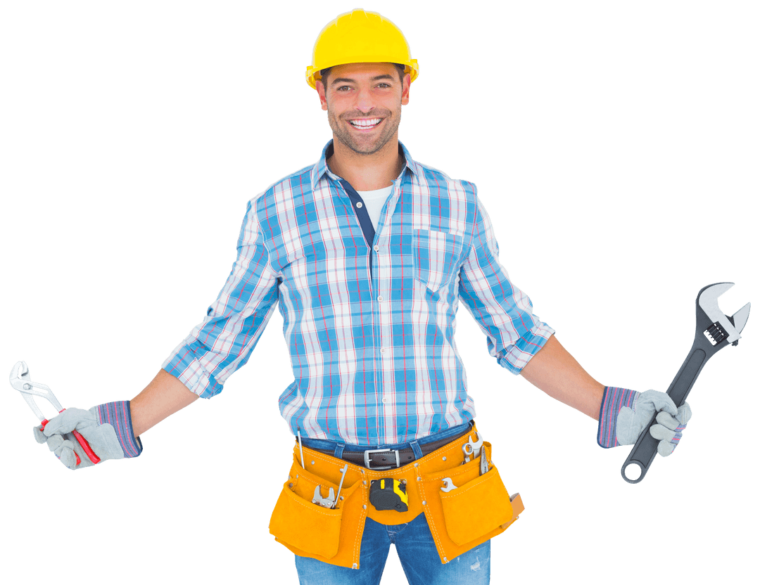 Transparent Image of Smiling Handyman Holding Tools with Toolbelt
