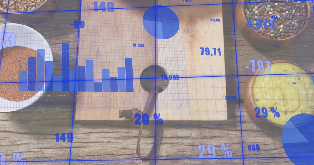Rustic kitchen flatlay showing cutting board, spoon and spice bowls with blue data overlay
