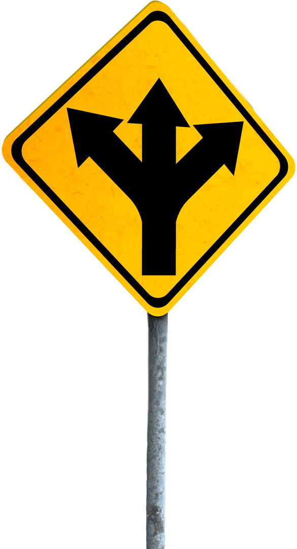 Triple Arrow Yellow Road Sign on Transparent Background
