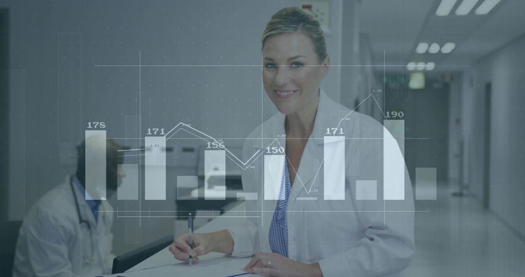 Smiling Doctor Analyzing Digital Charts in Hospital Setting