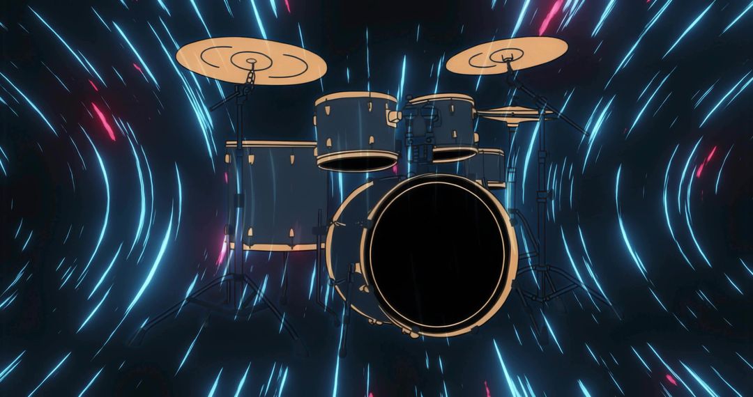 Drum kit drifting through neon tunnel with futuristic motion trails and vibrant glow