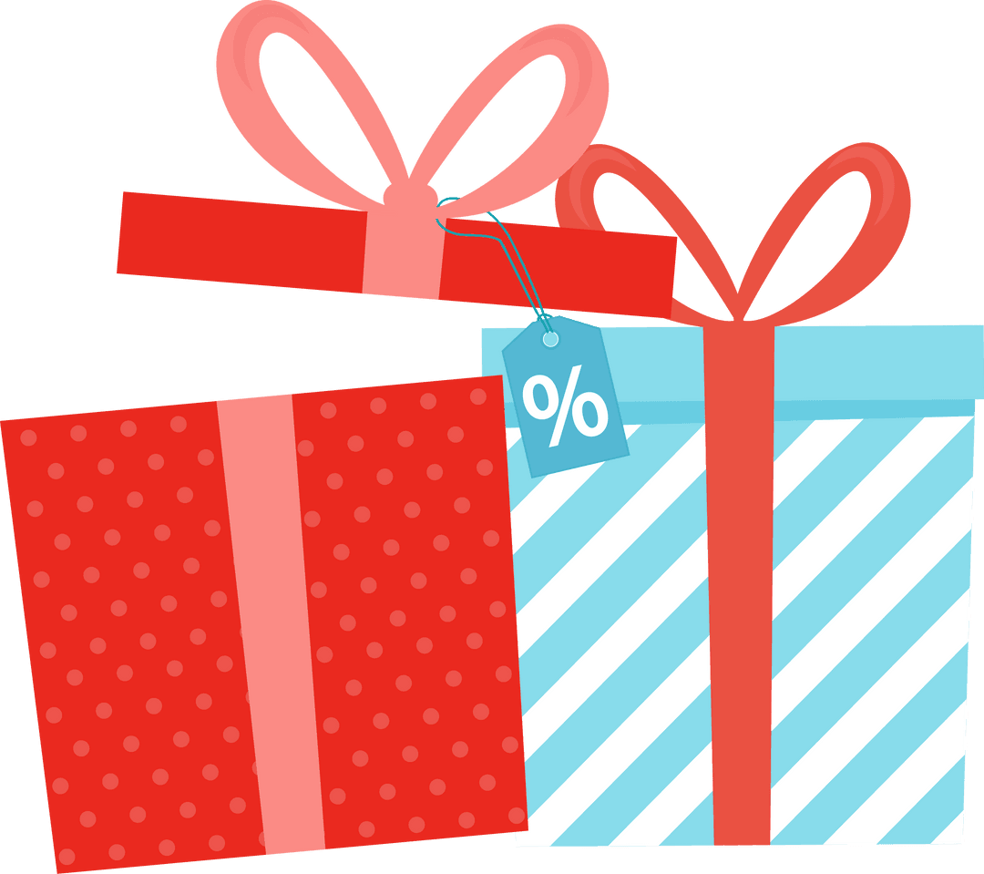 Floating Gift Boxes with Ribbons and Discount Tag Transparent Background