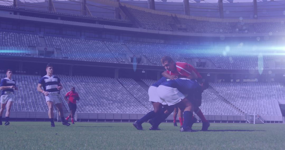 Diverse Rugby Team Competing Fiercely in Stadium Field