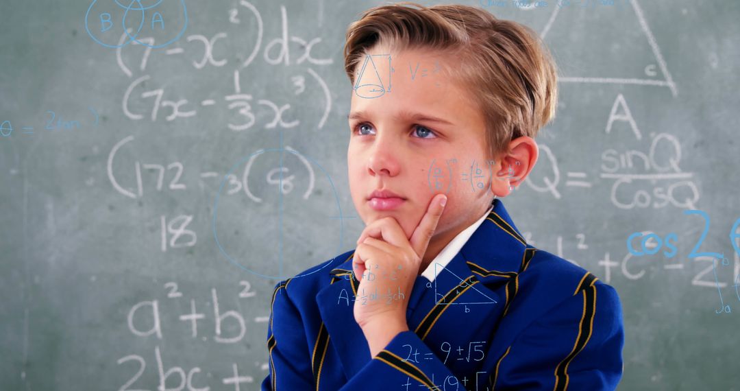 Thoughtful Schoolboy Pondering Math Formulas on Blackboard