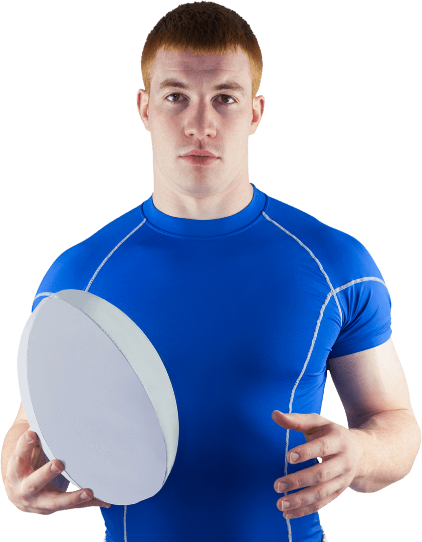 Rugby Player Holding Ball in Concentrated Pose on Transparent Background