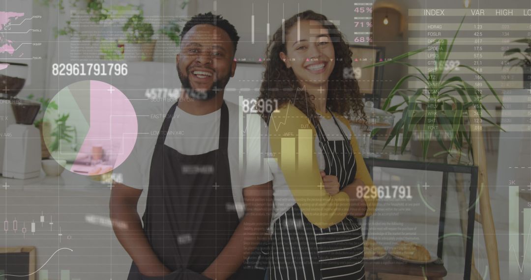 Entrepreneurship: Smiling Cafe Staff with Data Overlay