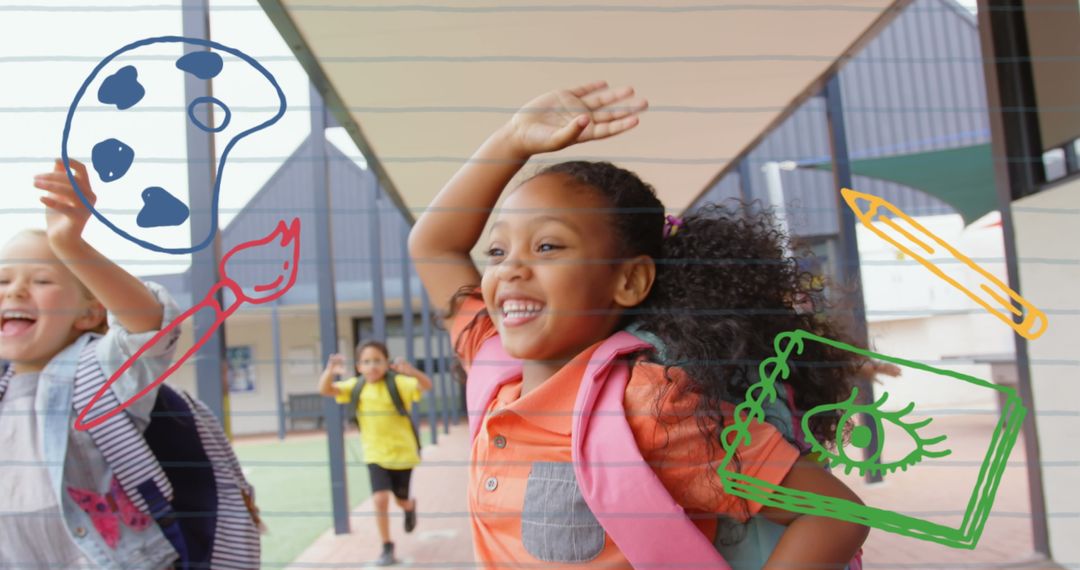 Joyful Kids Running with Education Icons Animated