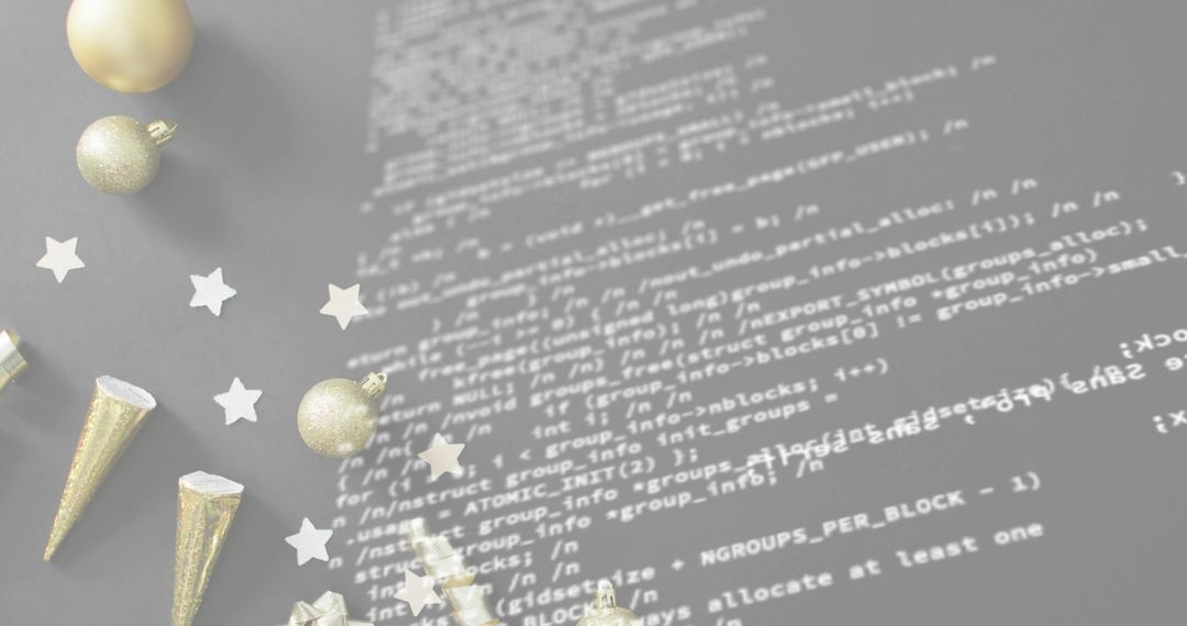 Blending festive gold ornaments with white code overlay for minimal tech holiday flatlay