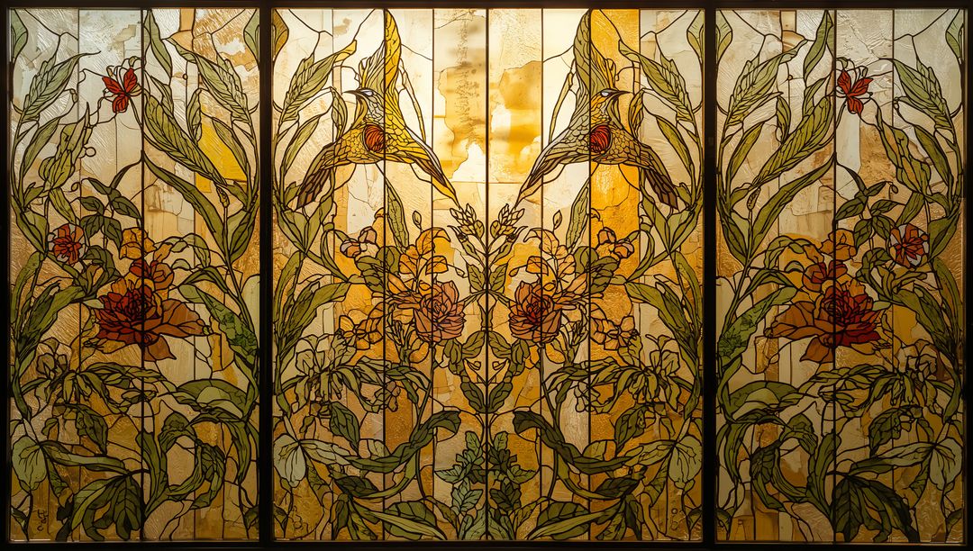 Ornate Art Nouveau Stained Glass Window with Birds and Floral Patterns