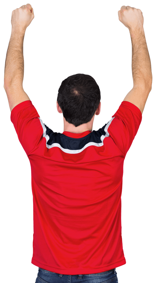 Cheering Football Fan in Transparent Red Jersey Recalls Victory