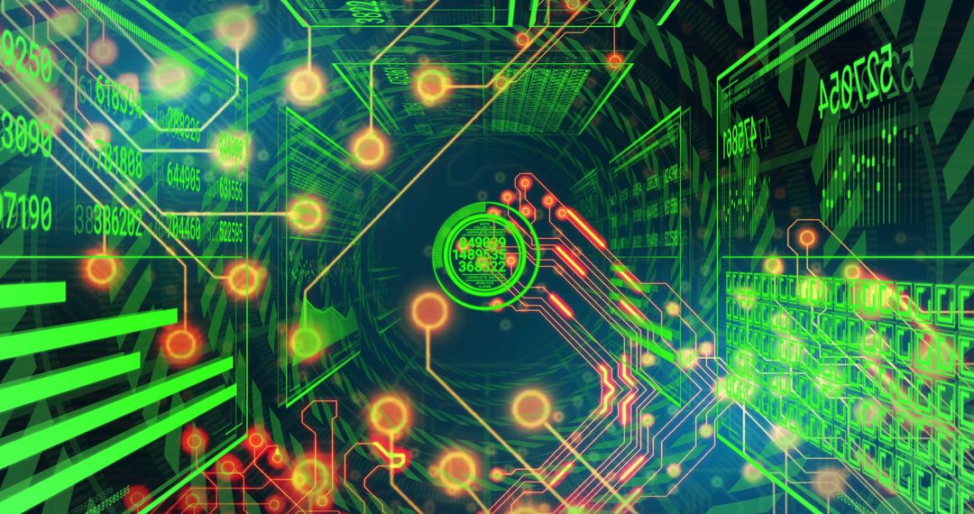 Futuristic Digital Vortex with Neon Green Code and Orange Nodes