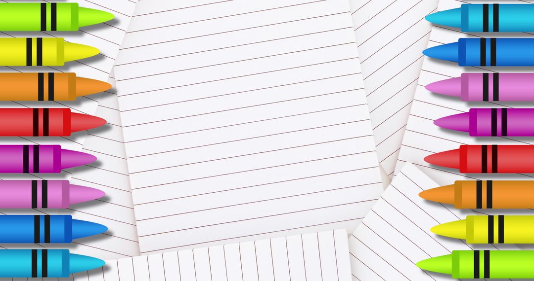 Colorful crayons on lined paper for creative education concepts