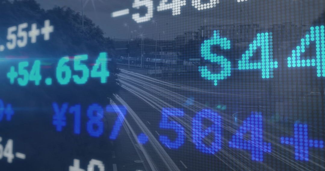 Digital Currency Ticker Overlaying Urban Highway Light Trails Displaying Market Data