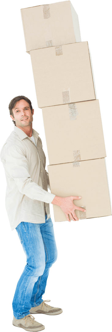 Caucasian Man Balancing Cardboard Boxes Transparent Background