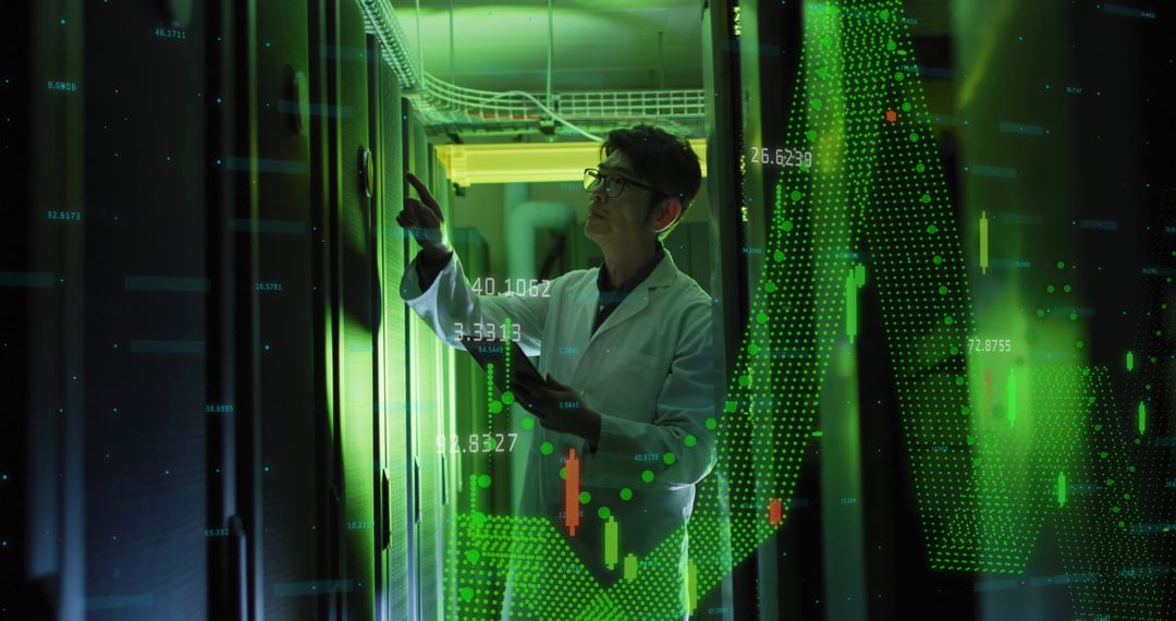 Technician Analyzing Data with Virtual Financial Interface in Server Room