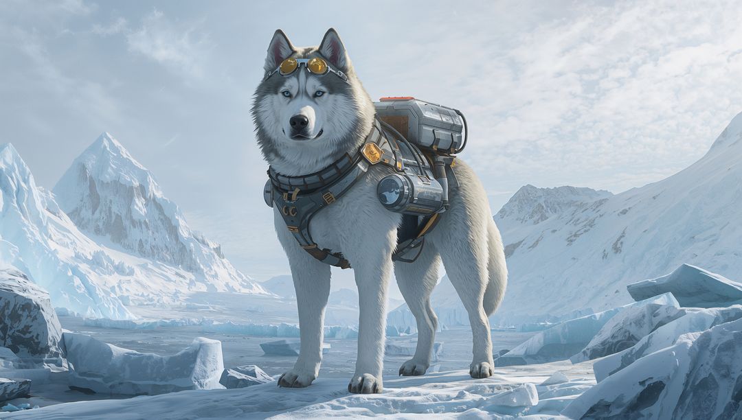 Standing arctic husky explorer wearing tech harness and goggles on frozen glacier