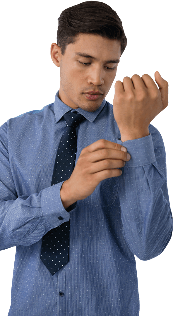 Transparent Confident Businessman Buttoning Blue Shirt