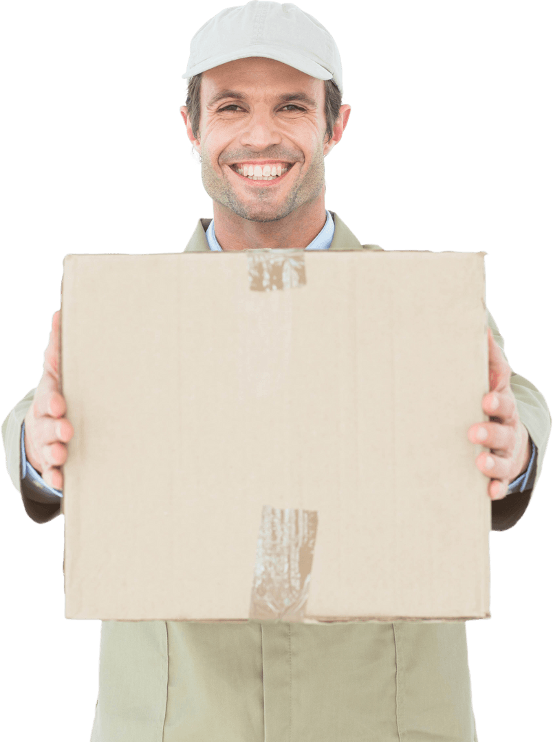 Smiling Delivery Man Holding Parcel Isolated on Transparent Background