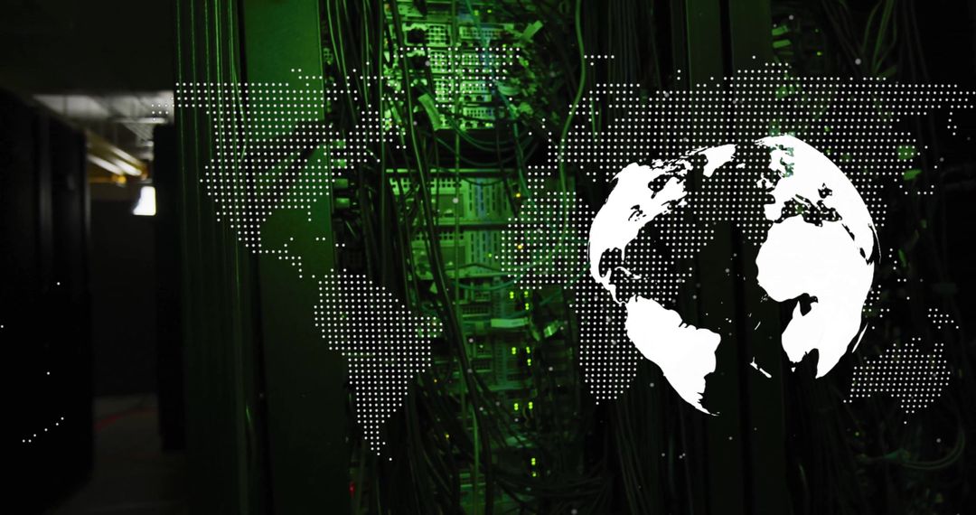 Global Connectivity Featuring Green-lit Server Room Infrastructure