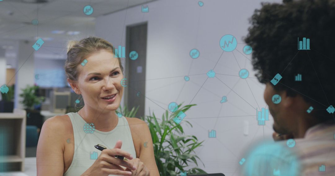 Diverse Team Collaborating with Digital Network Overlay in Modern Office