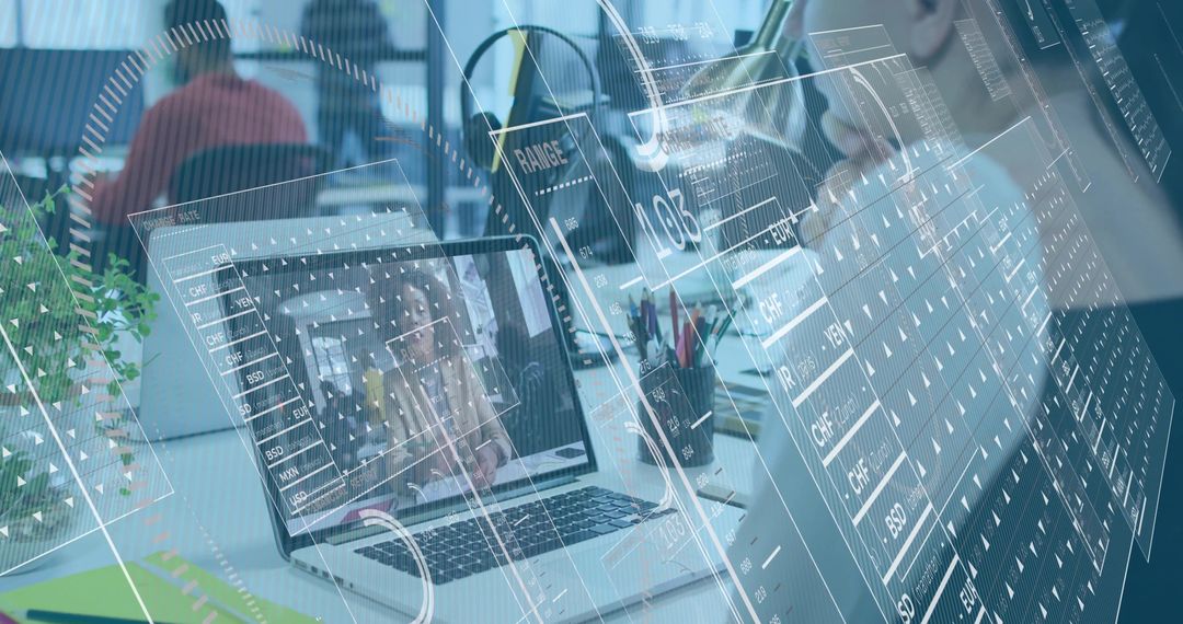 Digital Conference Call in Modern Office with High-Tech Overlay