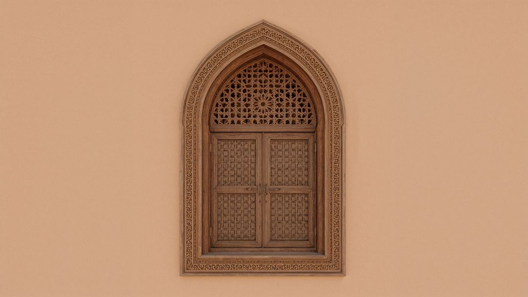 Ornate Arched Window with Carved Lattice Design on Beige Facade