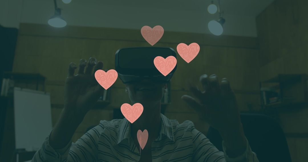 Caucasian Woman Embracing Virtual Reality with Falling Hearts