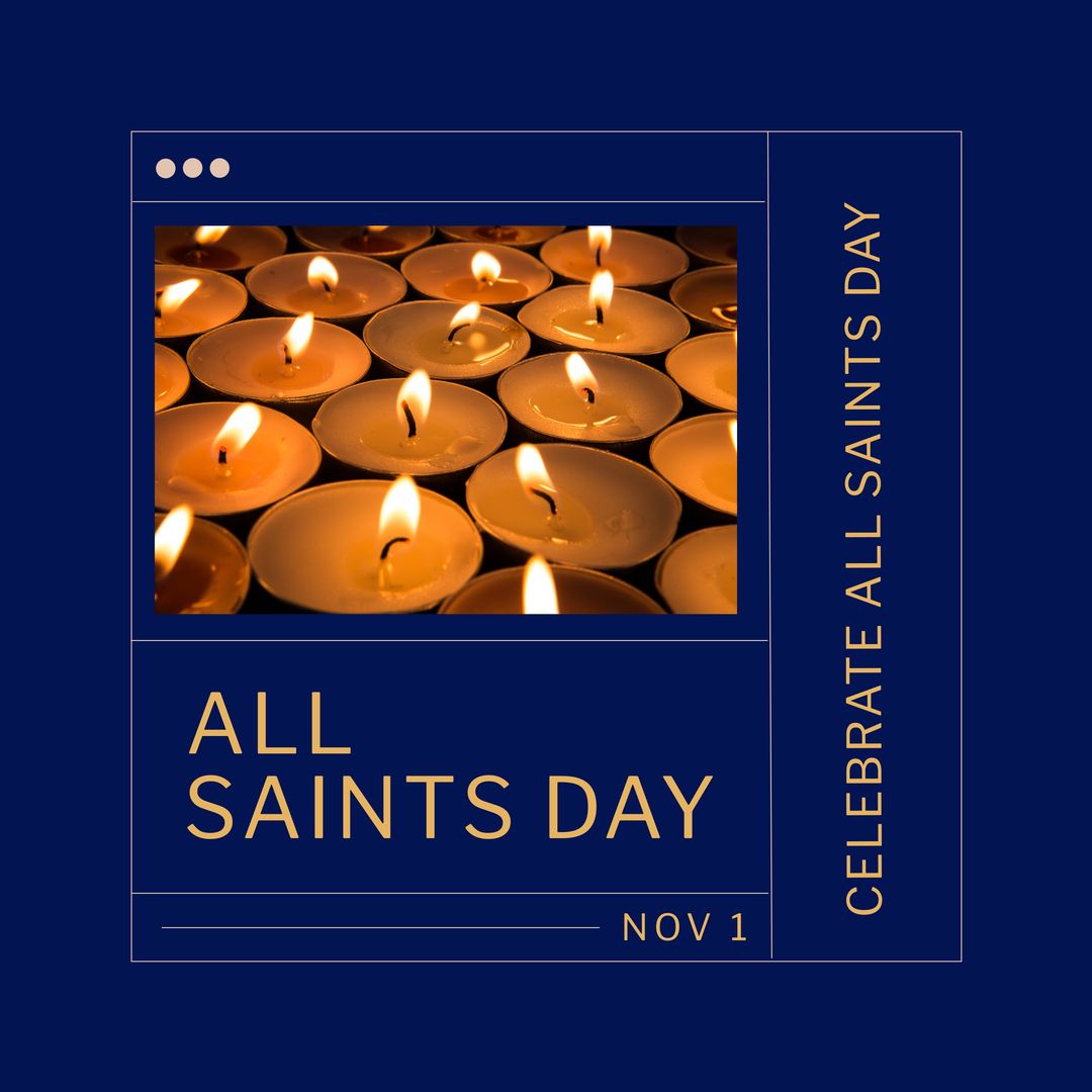 Composition of celebrate all saints day and nov 1 texts with candles over blue background - Download Free Stock Templates Pikwizard.com