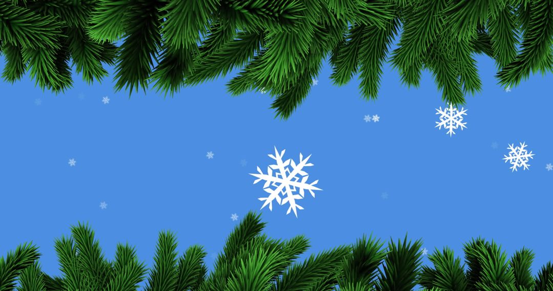 Festive Frame with Pine Branches and Snowflakes in Blue Sky
