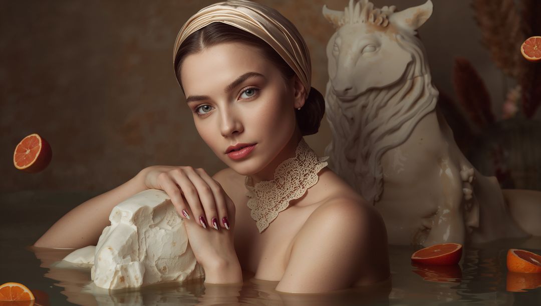 Serene Woman in Surreal Chamber Pool with Floating Oranges