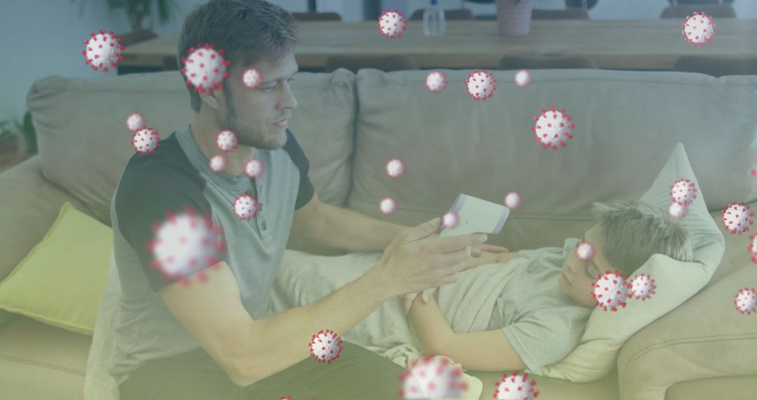 Father Monitoring Son's Fever at Home with Digital Thermometer