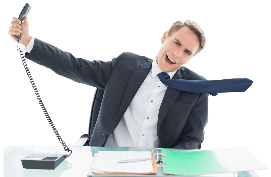 Stressed Businessman Yelling Into Vintage Phone on Transparent Background