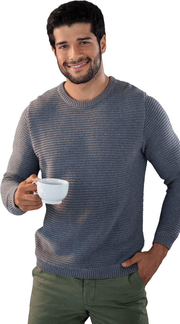 Smiling Confident Man Holding Tea Cup on Transparent Background