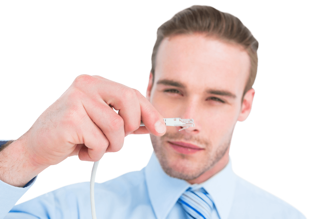 Businessman Holding Network Cable on Transparent Background