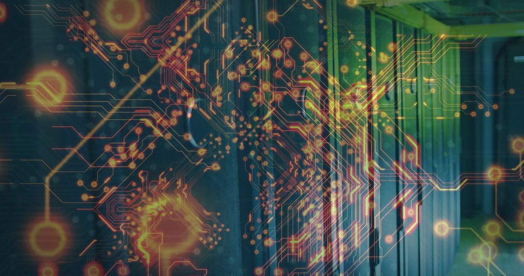 Futuristic Circuit Patterns Overlaying Data Center Corridor