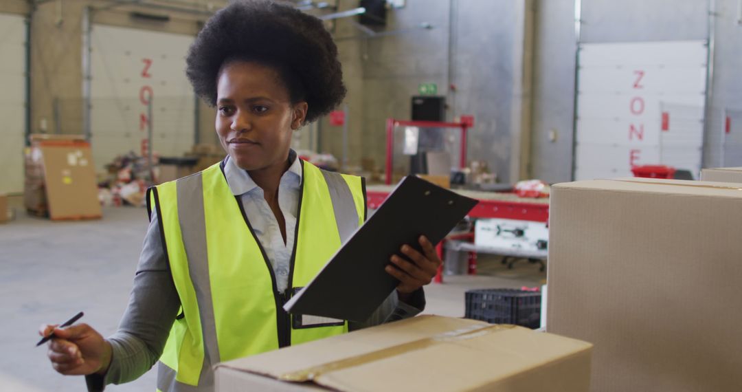 Portrait of african american female worker wearing safety suit and smiling in warehouse - Free Images, Stock Photos and Pictures on Pikwizard.com