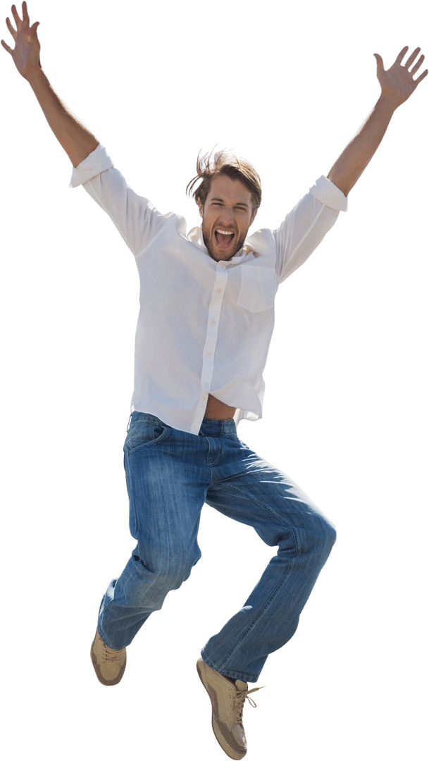 Cheerful Man Jumping with Raised Arms on Transparent Background