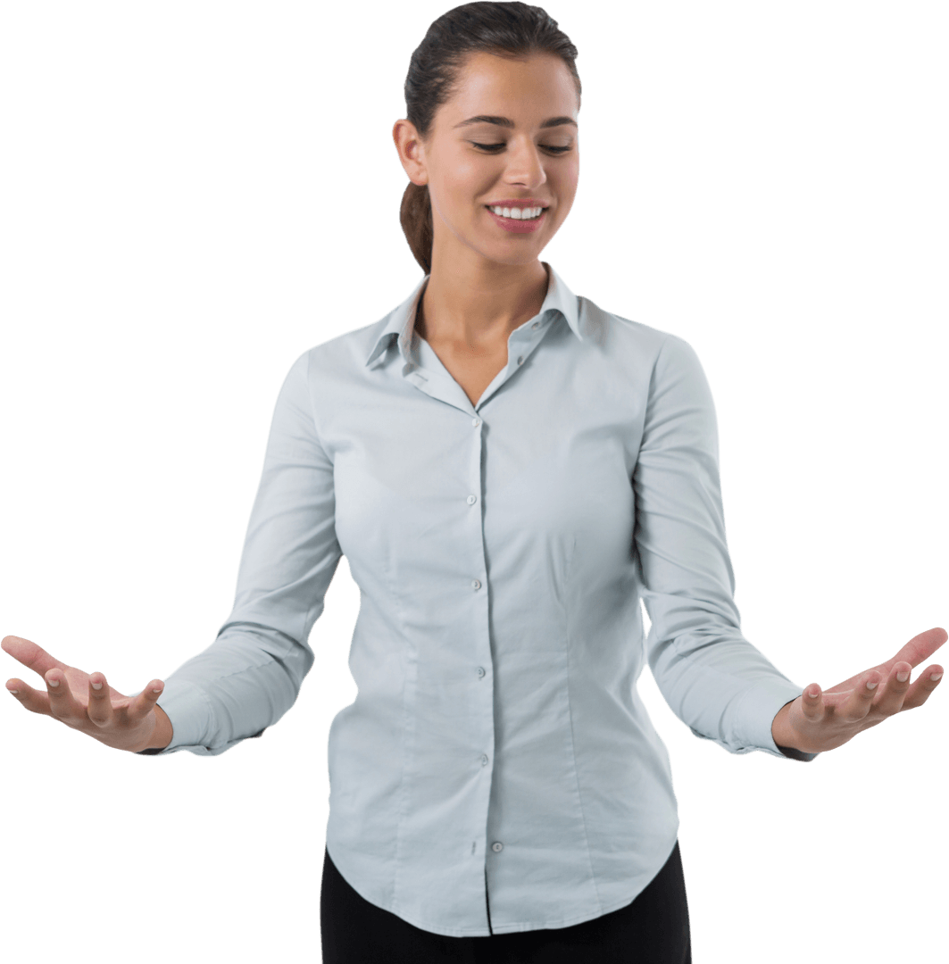 Female Executive Holding Invisible Objects on Transparent Background